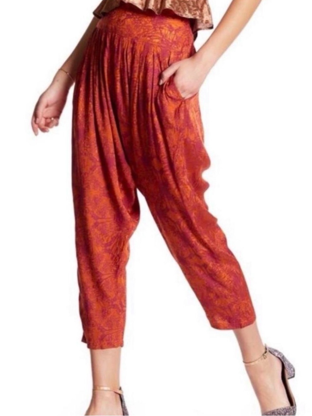 Free People Casablanca Print Harem Pants Dusty Papaya size medium